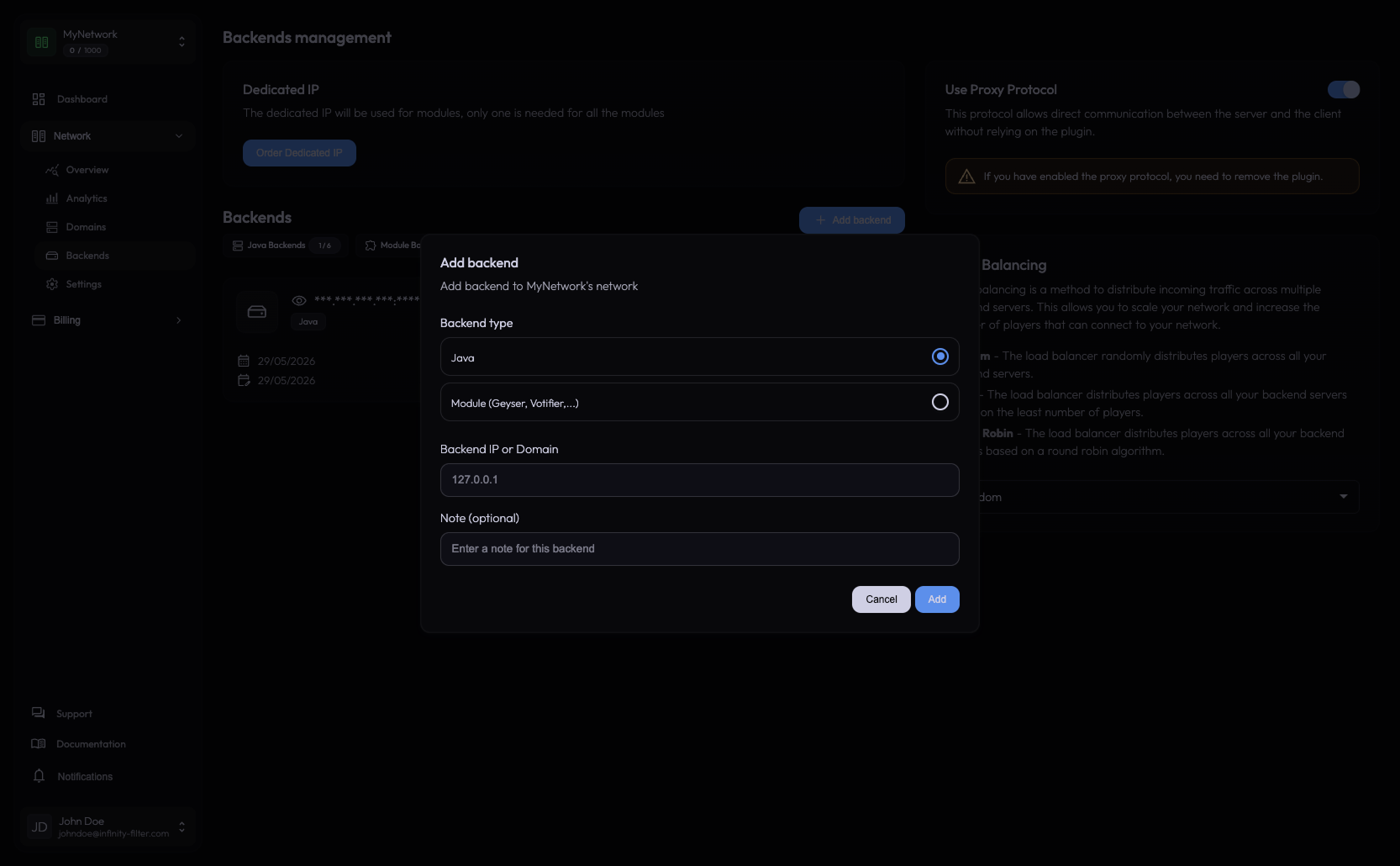 Add Java backend dialog