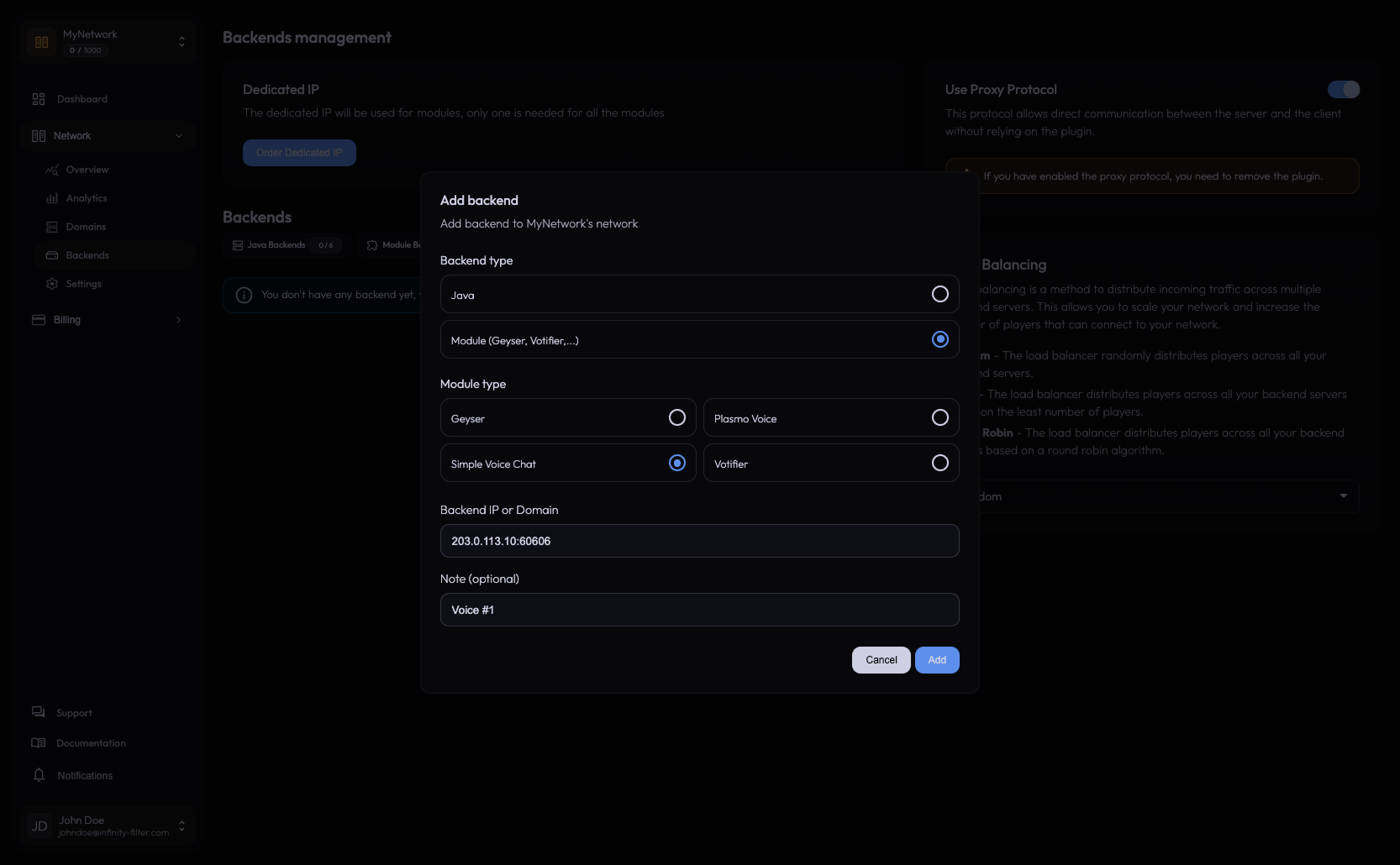 Add backend dialog with Simple Voice Chat selected