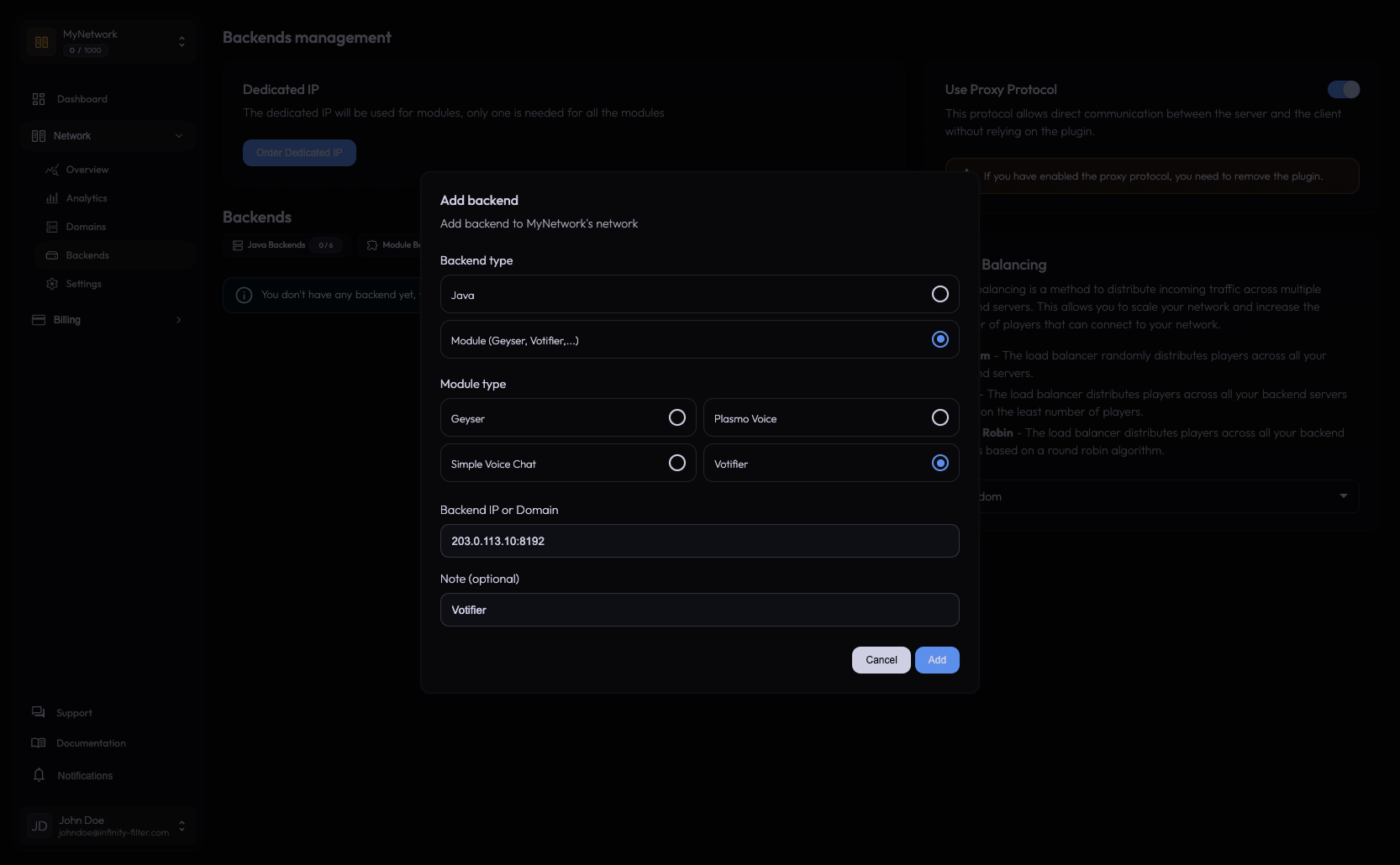 Add backend dialog with Votifier selected