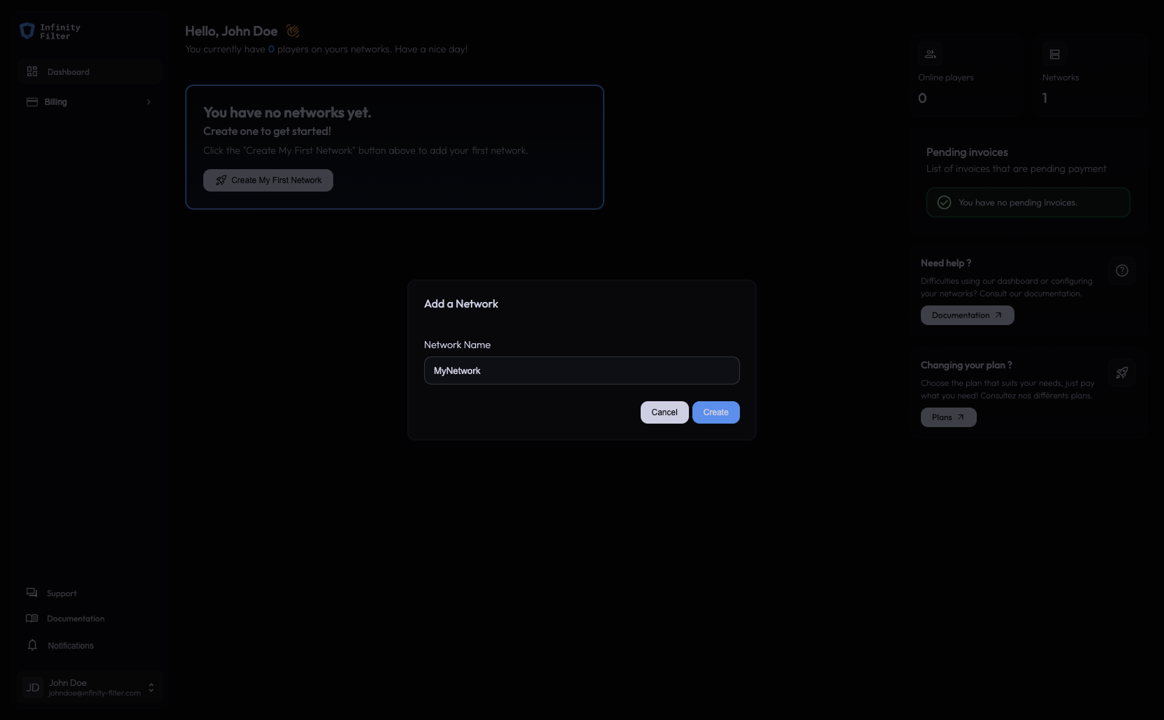 Create-network screen
