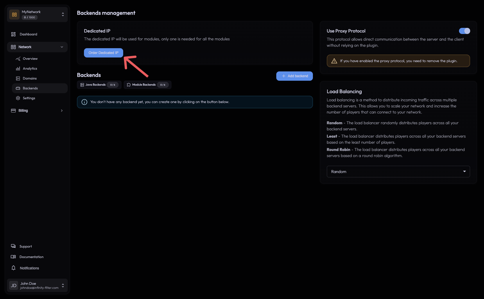 Order Dedicated IP card on the Backends page