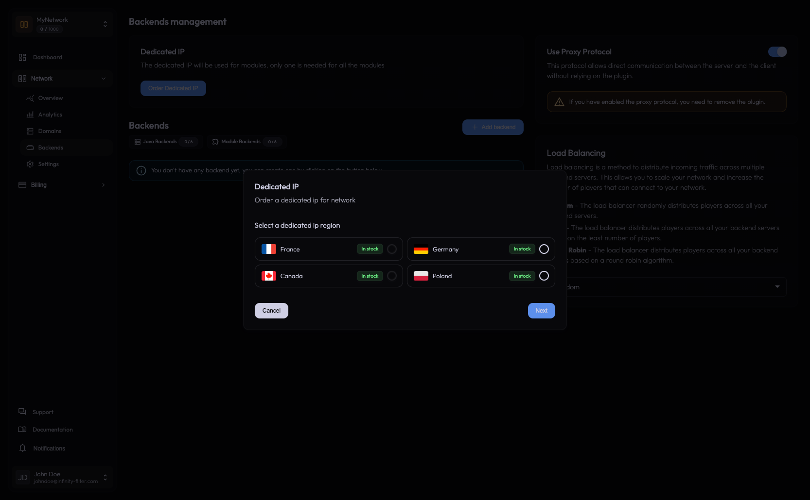 Dedicated IP region selector