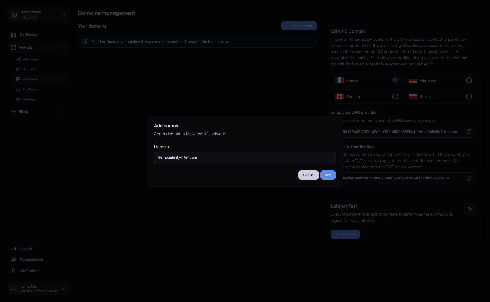 Add domain dialog
