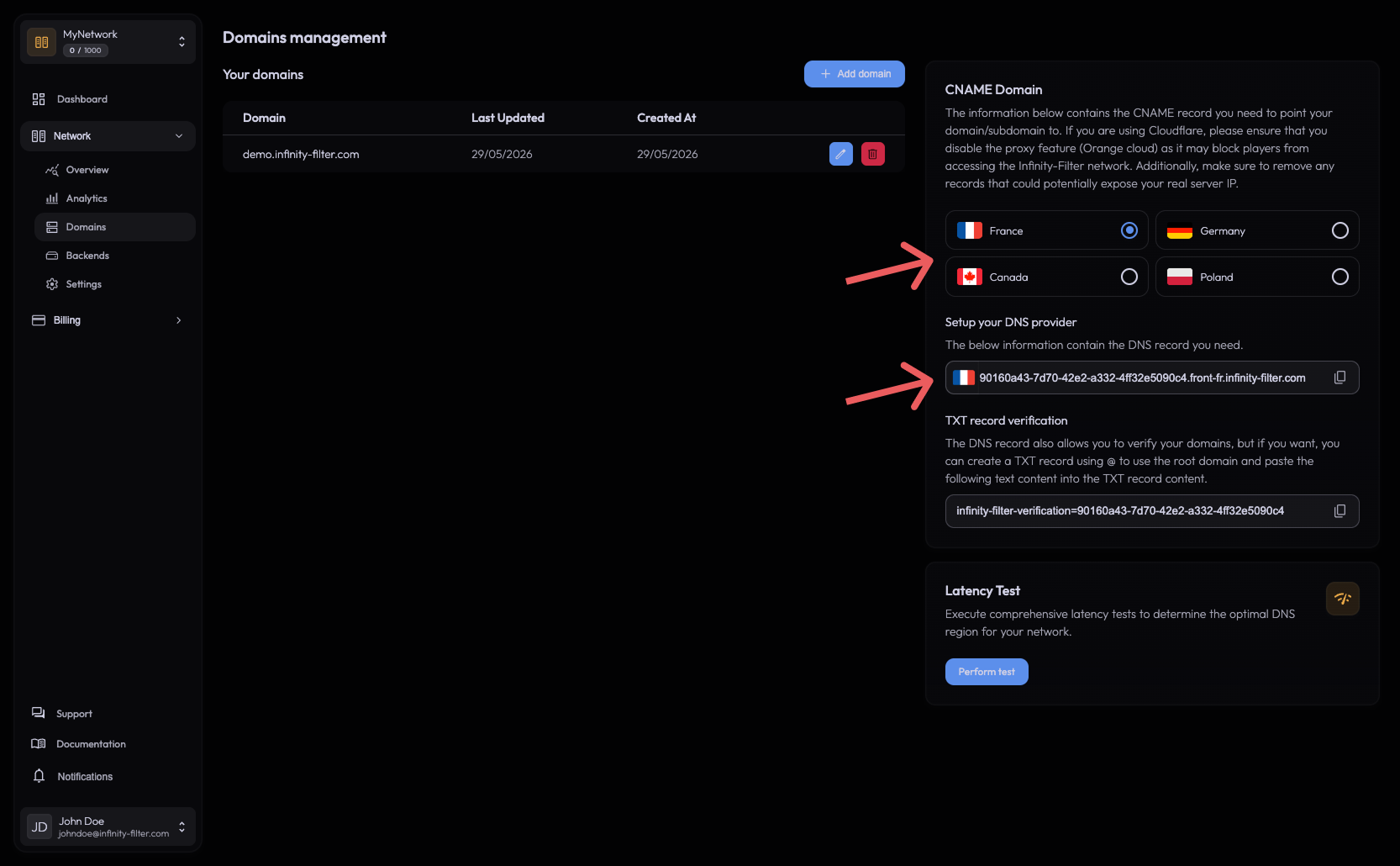 CNAME and optional TXT records on the Domains page