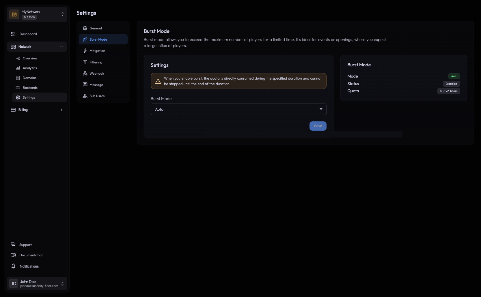 Burst Mode settings page