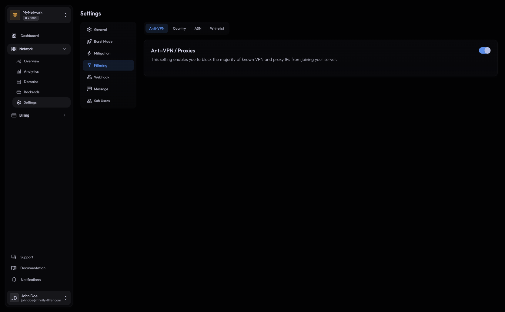 Anti-VPN settings tab