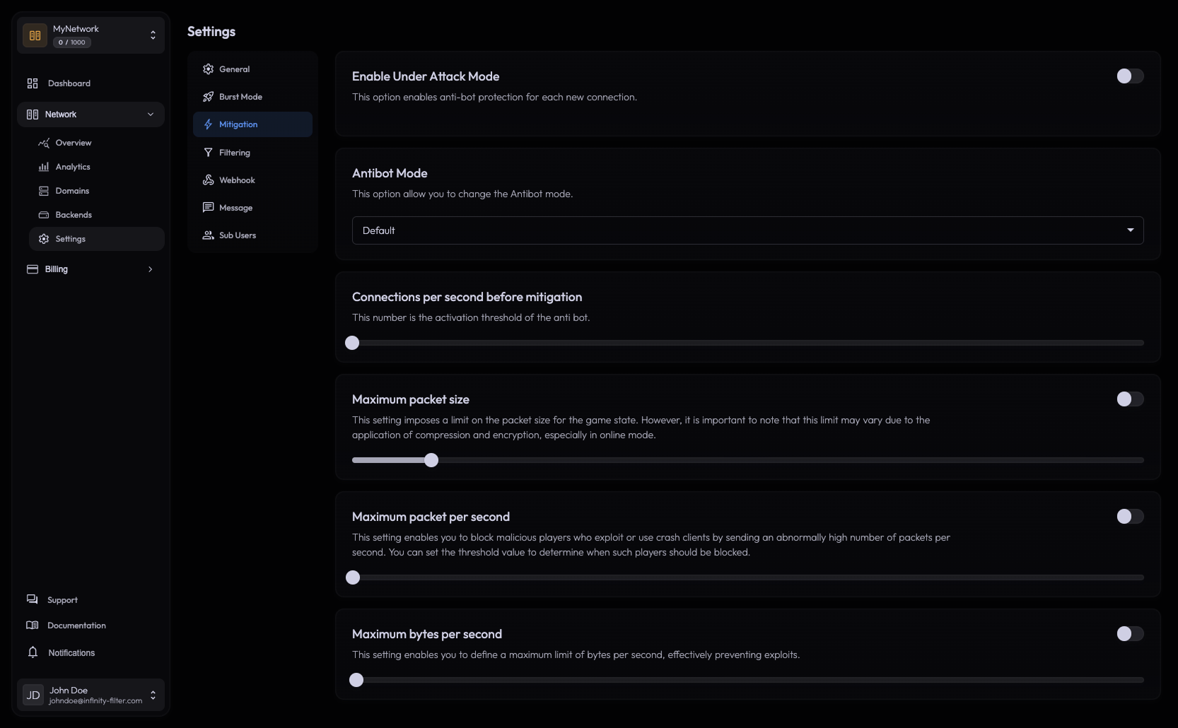 Mitigation settings tab