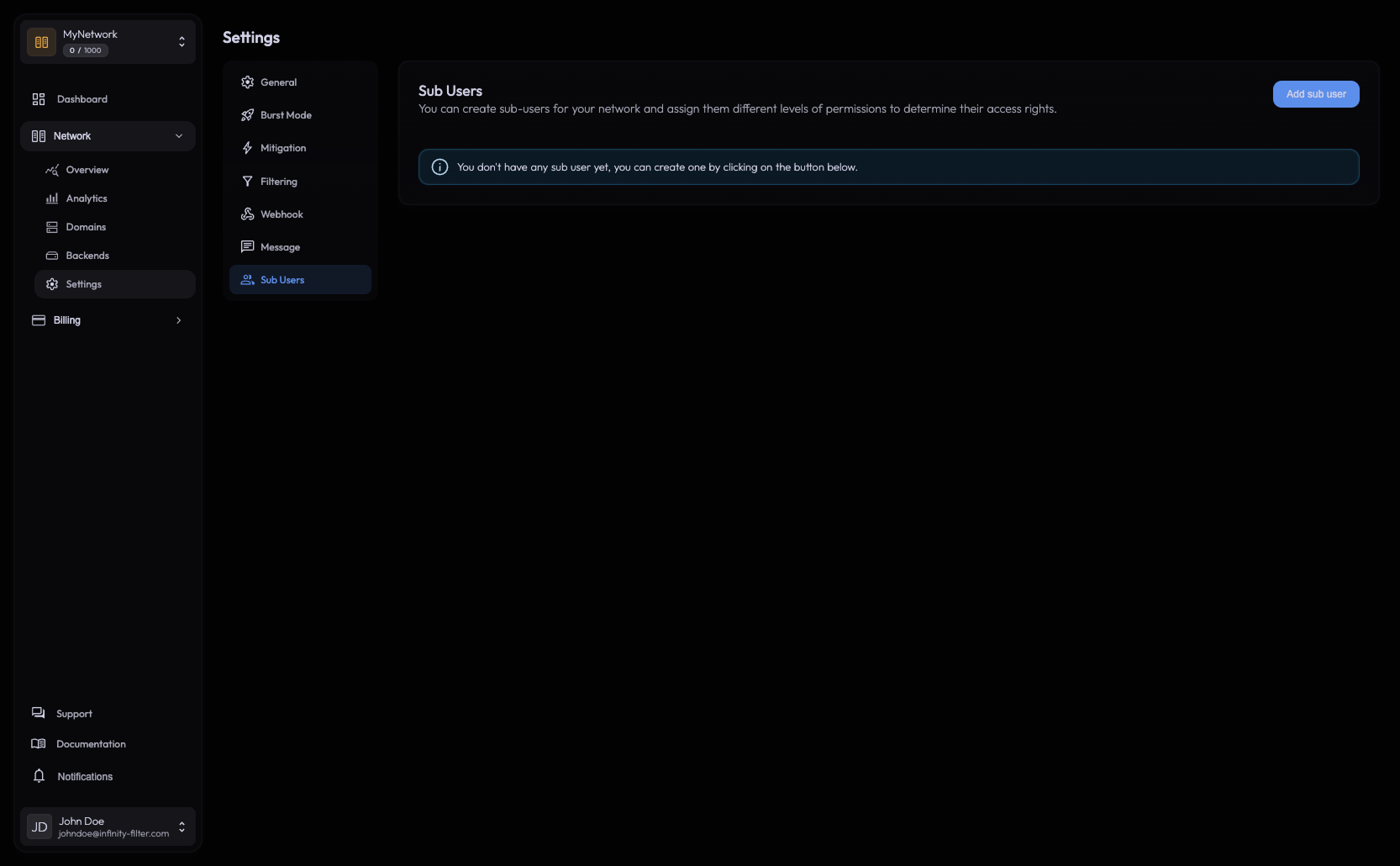 Sub Users tab in network settings