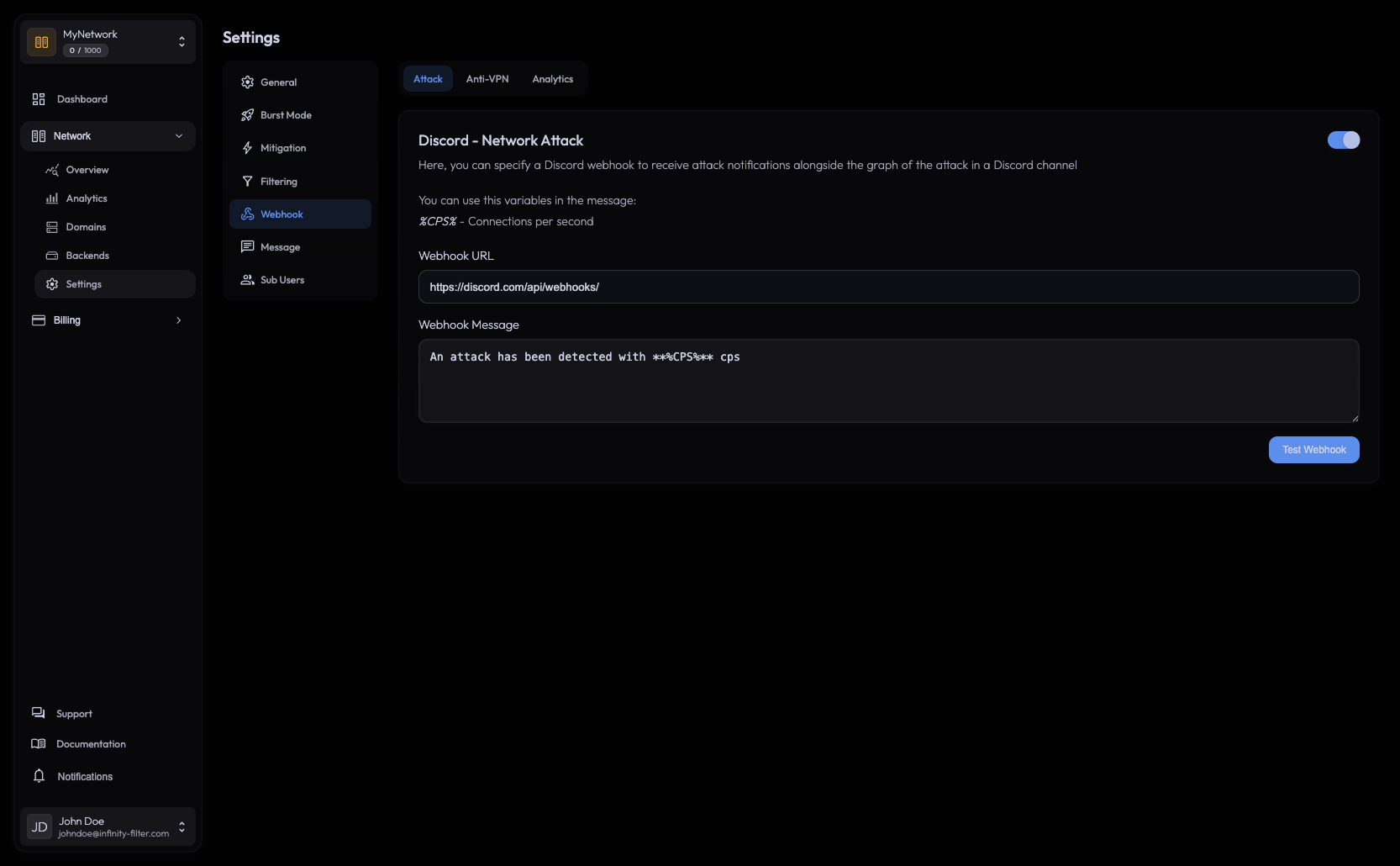 Attack webhook tab