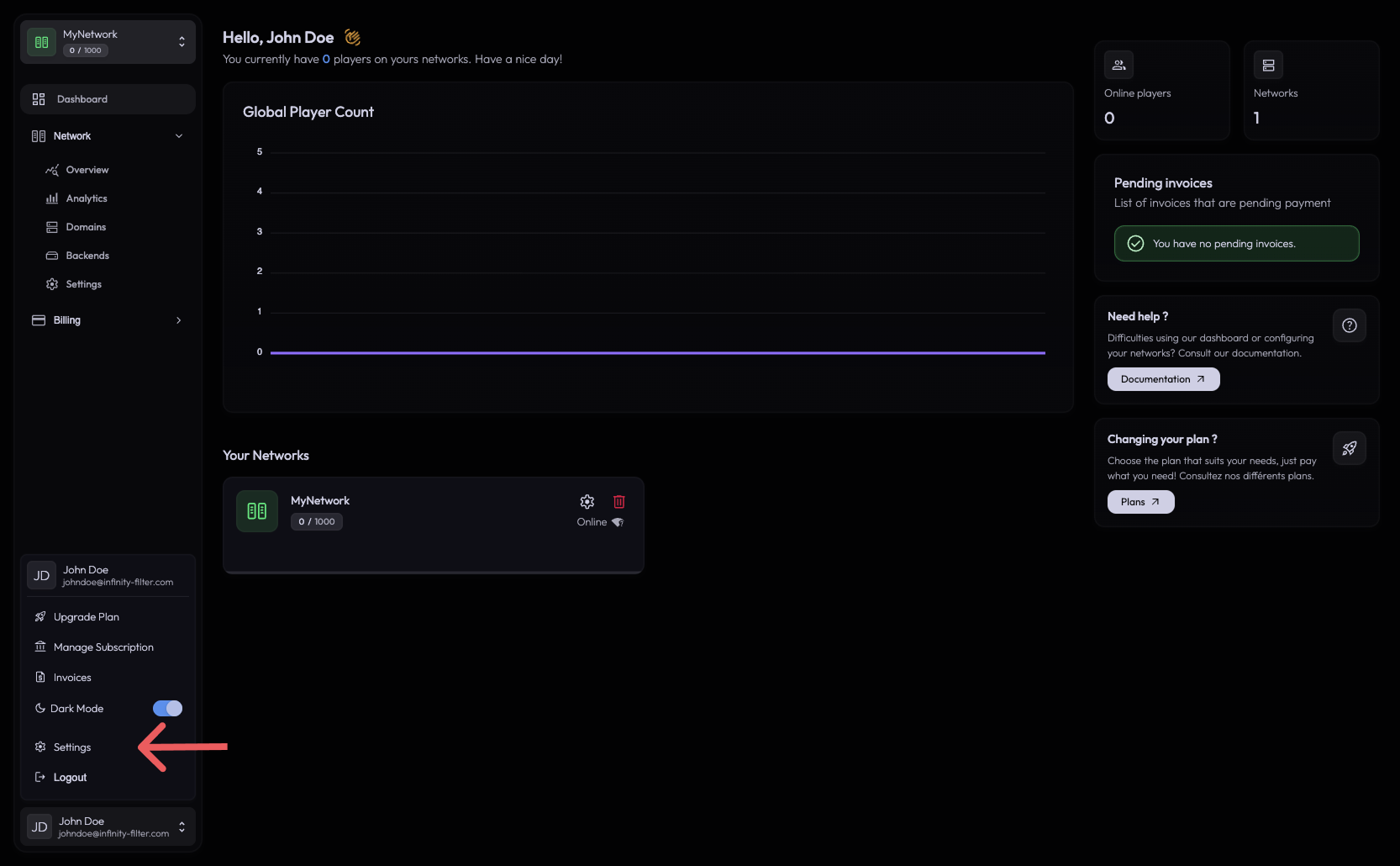 Profile popover with the Settings entry highlighted