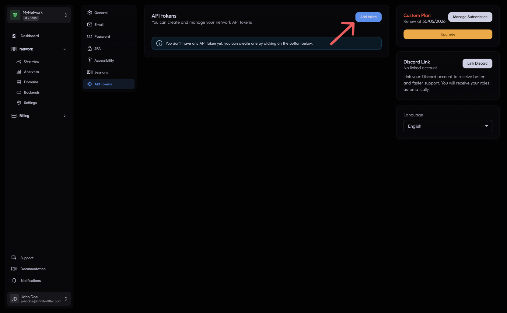 API Tokens tab with the empty state and the Add token button