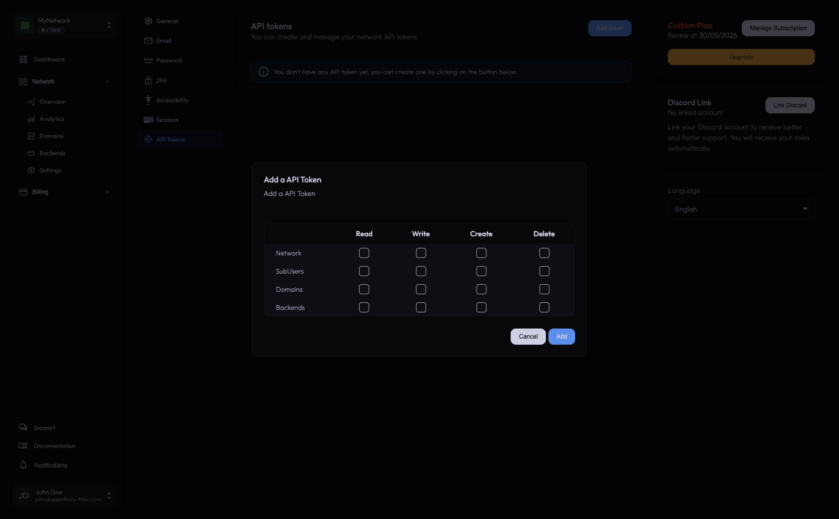 Add a API Token dialog with the permissions matrix