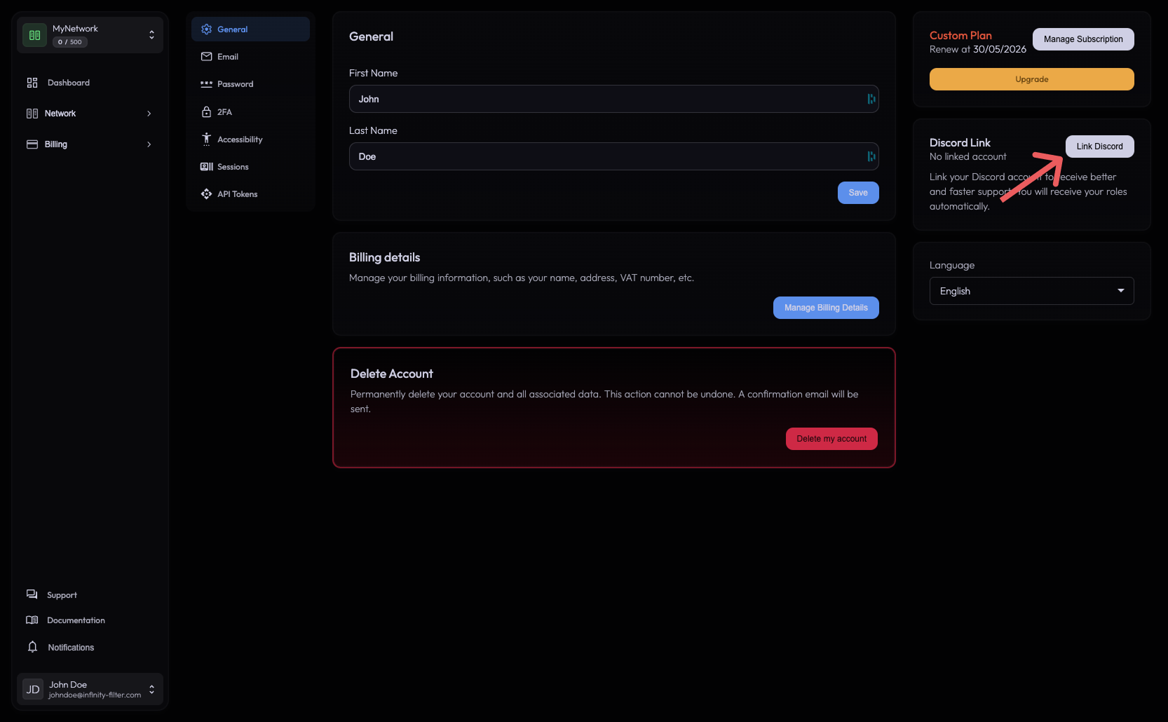 Discord link card on the User → General page